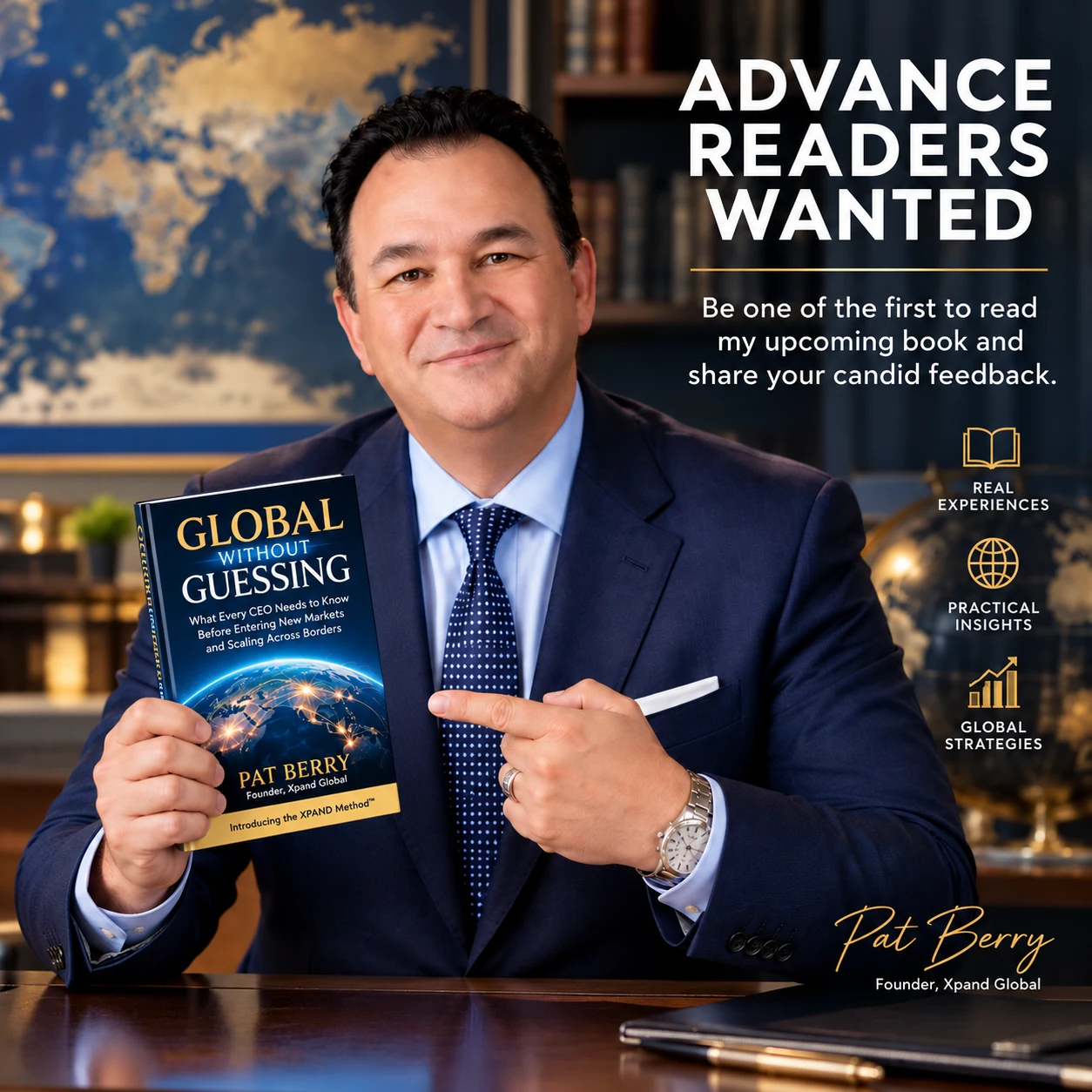Pat Berry holding Global Without Guessing — Advance Readers Wanted